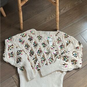 Anthropologie Cream Sweater with Colorful Sequin Accents